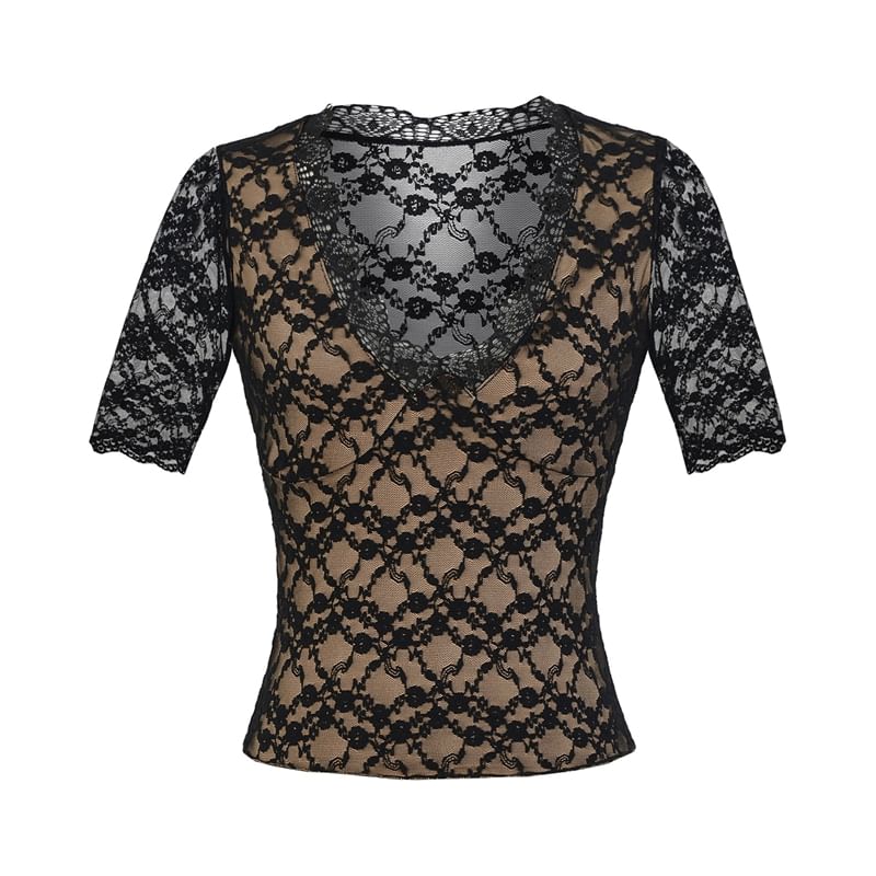 Elbow Sleeve V-Neck Lace Overlay Top