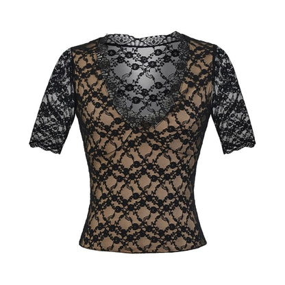 Elbow Sleeve V-Neck Lace Overlay Top