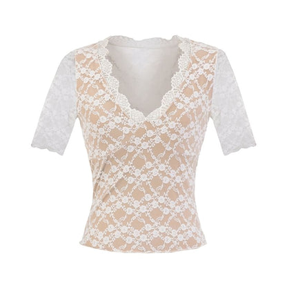Elbow Sleeve V-Neck Lace Overlay Top