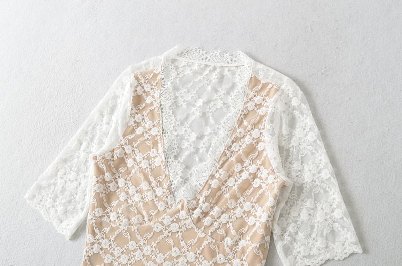 Elbow Sleeve V-Neck Lace Overlay Top