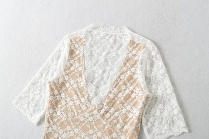 Elbow Sleeve V-Neck Lace Overlay Top