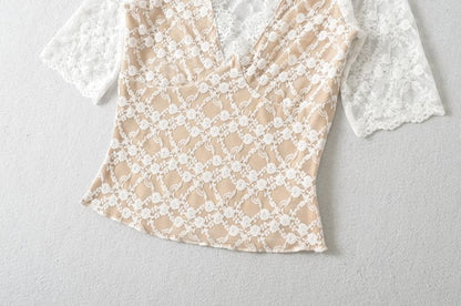 Elbow Sleeve V-Neck Lace Overlay Top