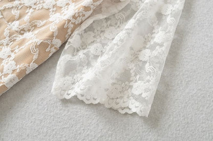 Elbow Sleeve V-Neck Lace Overlay Top