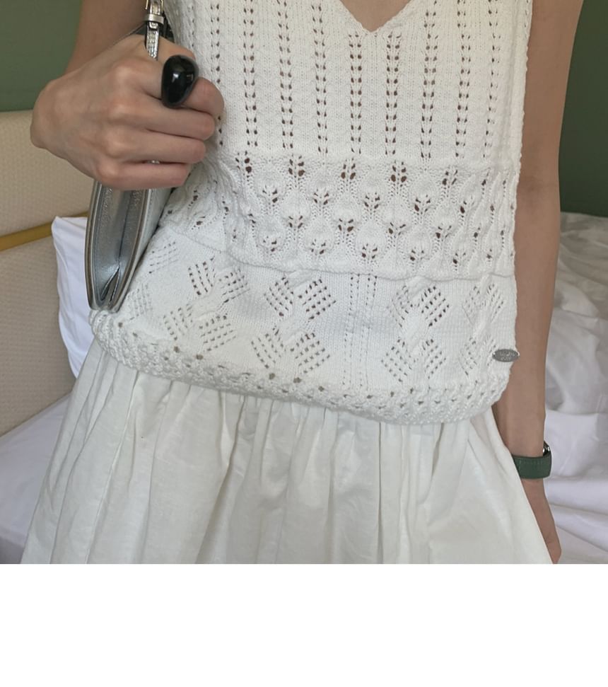 V-Neck Perforated Knit Crop Cami & Lace Mini Skirt