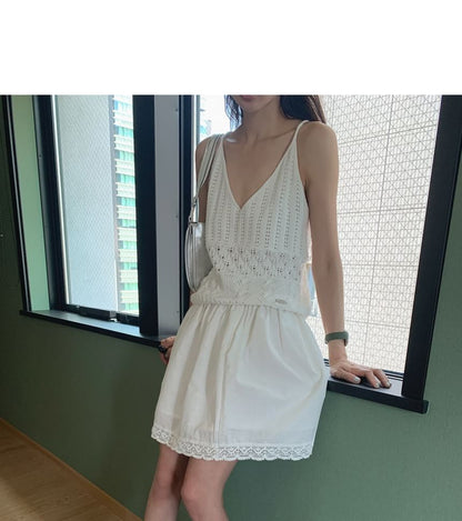 V-Neck Perforated Knit Crop Cami & Lace Mini Skirt