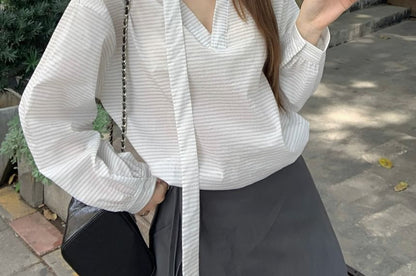 V-Neck Striped Blouse & Lace Trim Skirt Overlay Pants