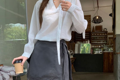 V-Neck Striped Blouse & Lace Trim Skirt Overlay Pants