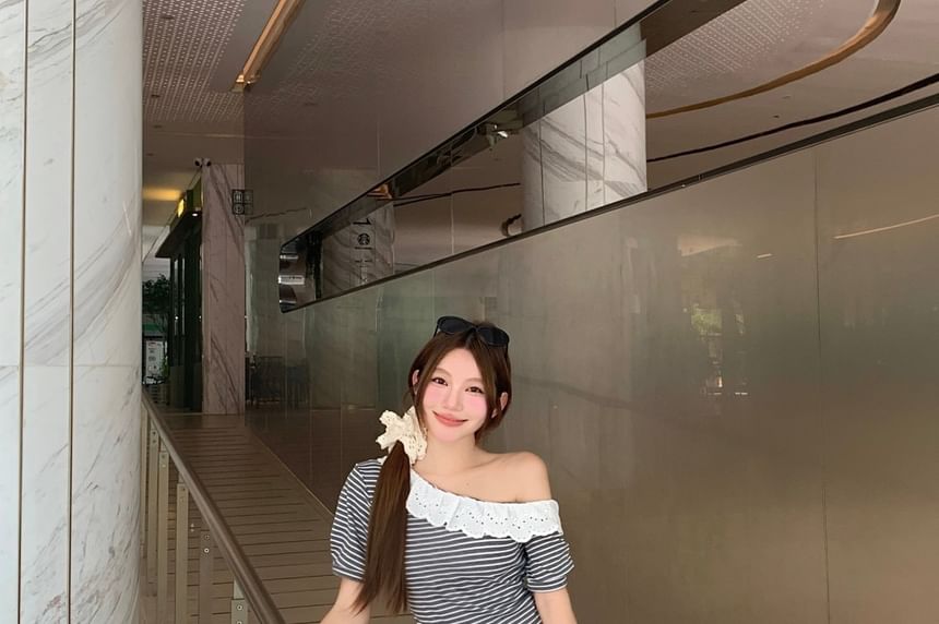 Striped Eyelet Lace Crop Top & Cargo Pants