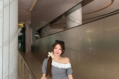 Striped Eyelet Lace Crop Top & Cargo Pants