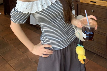 Striped Eyelet Lace Crop Top & Cargo Pants