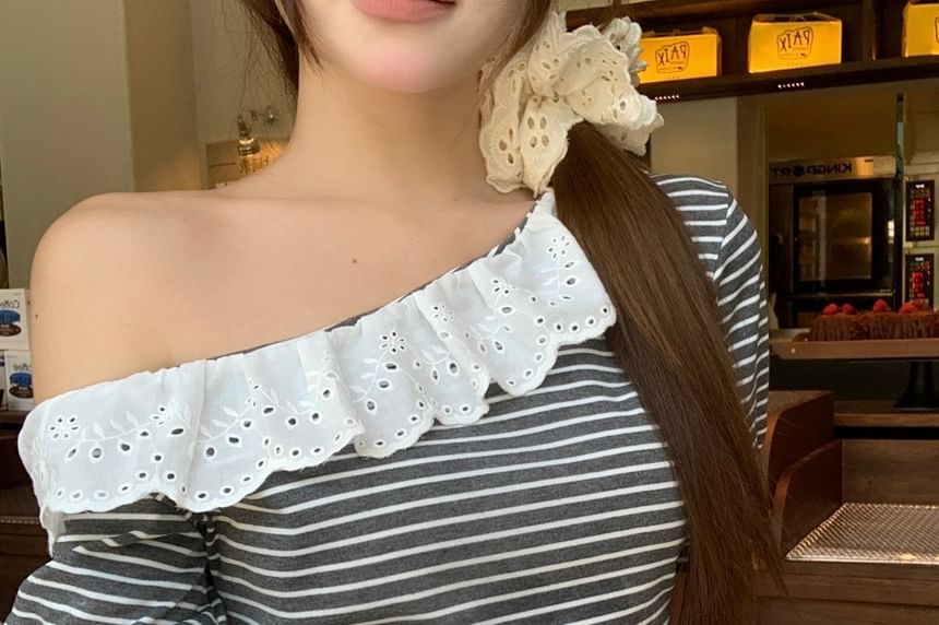 Striped Eyelet Lace Crop Top & Cargo Pants