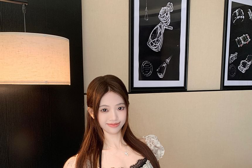 Set: Dotted Tie Crop Blouse + Halter Lace Top + Tiered Mini Skirt