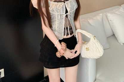 Set: Dotted Tie Crop Blouse + Halter Lace Top + Tiered Mini Skirt