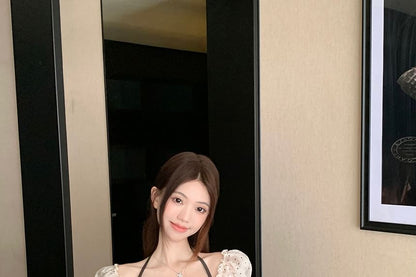 Set: Dotted Tie Crop Blouse + Halter Lace Top + Tiered Mini Skirt