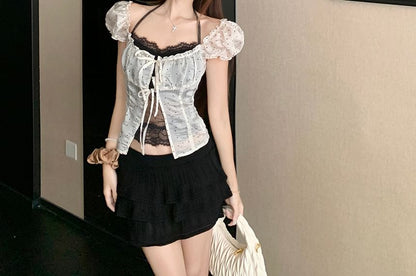 Set: Dotted Tie Crop Blouse + Halter Lace Top + Tiered Mini Skirt