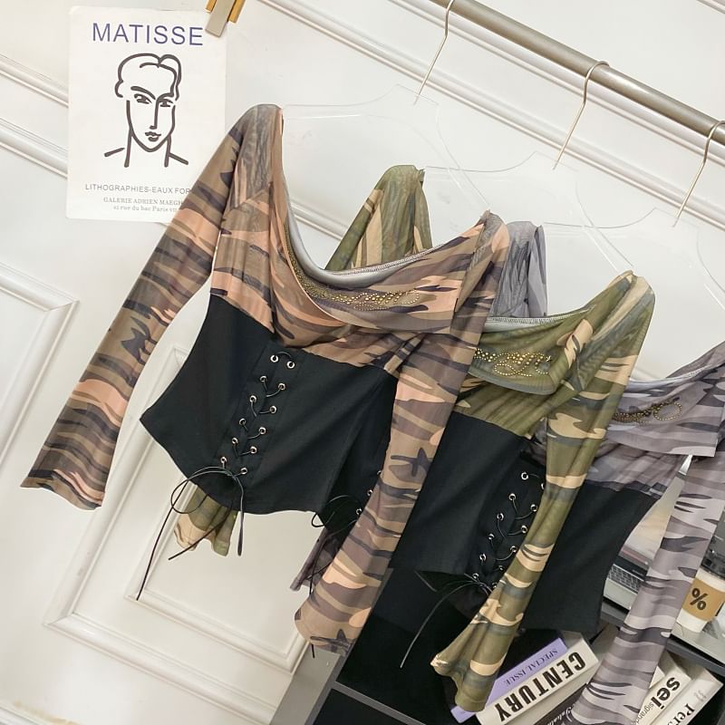 Cowl Neck Camouflage Lace Mesh Top