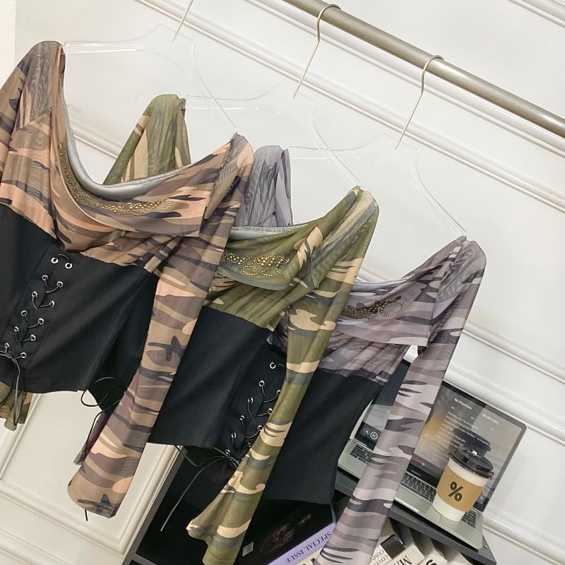 Cowl Neck Camouflage Lace Mesh Top