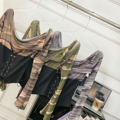 Cowl Neck Camouflage Lace Mesh Top