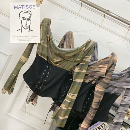 Cowl Neck Camouflage Lace Mesh Top