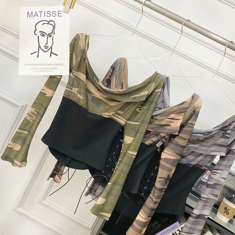Cowl Neck Camouflage Lace Mesh Top