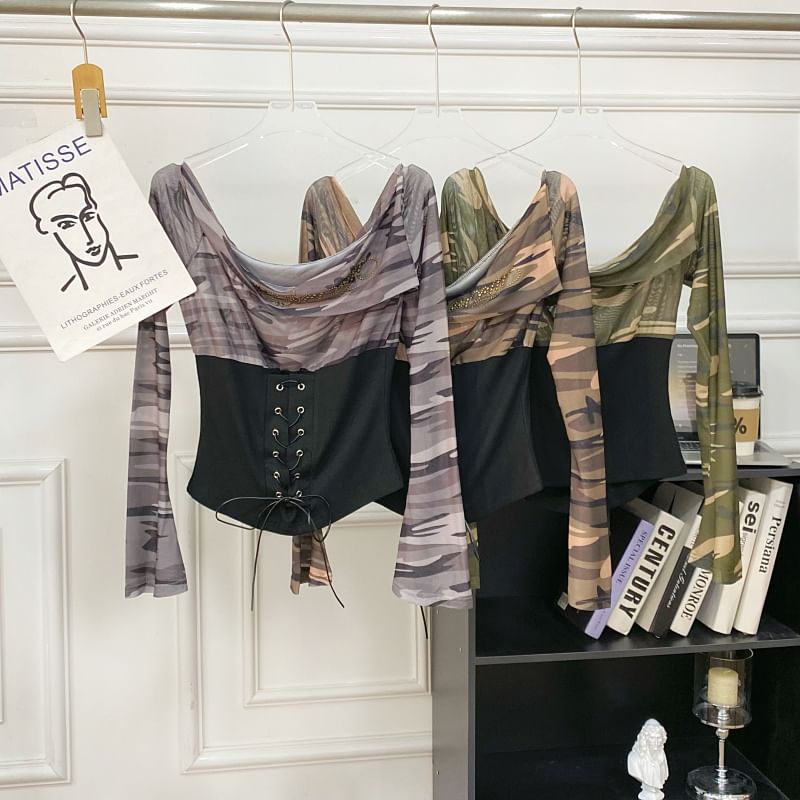 Cowl Neck Camouflage Lace Mesh Top