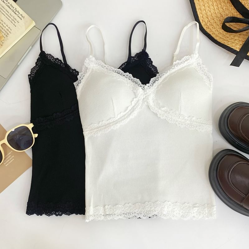V-Neck Lace Trim Padded Camisole