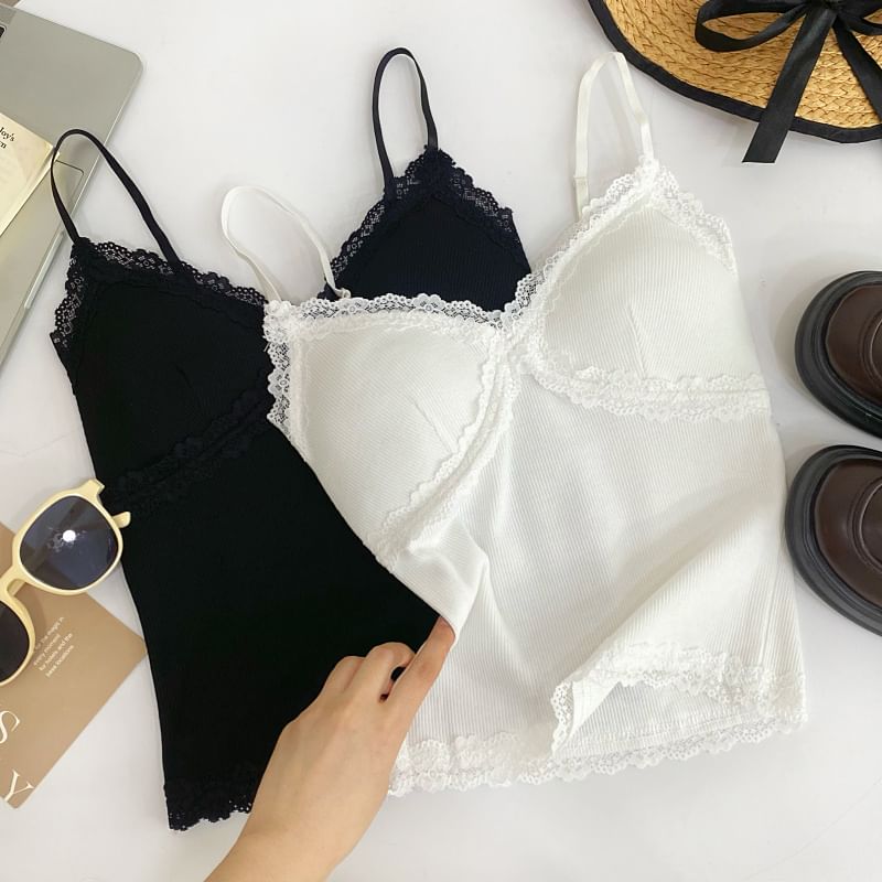 V-Neck Lace Trim Padded Camisole