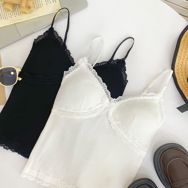 V-Neck Lace Trim Padded Camisole