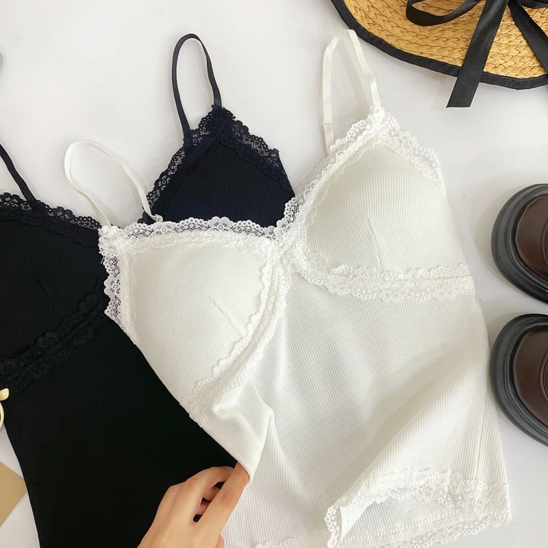 V-Neck Lace Trim Padded Camisole