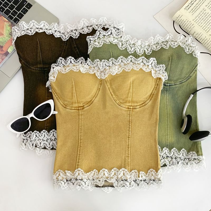Ruffle Lace Trim Denim Tube Top