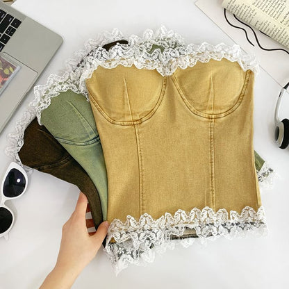 Ruffle Lace Trim Denim Tube Top