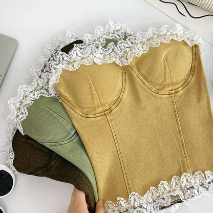Ruffle Lace Trim Denim Tube Top