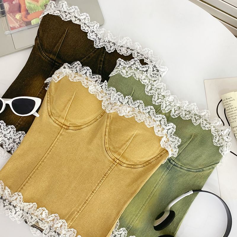 Ruffle Lace Trim Denim Tube Top