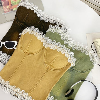 Ruffle Lace Trim Denim Tube Top