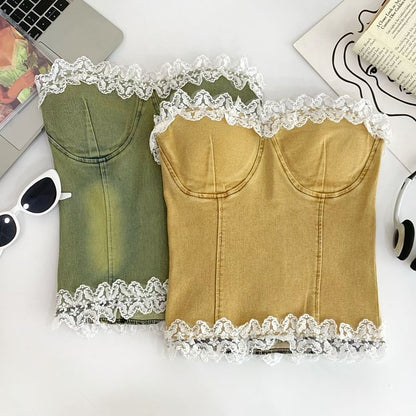 Ruffle Lace Trim Denim Tube Top