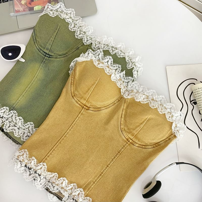 Ruffle Lace Trim Denim Tube Top