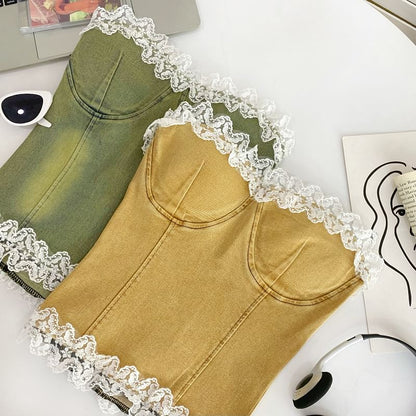Ruffle Lace Trim Denim Tube Top