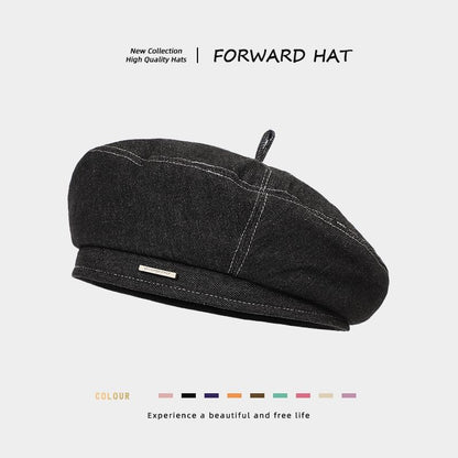 Metal Bar Denim Beret Hat