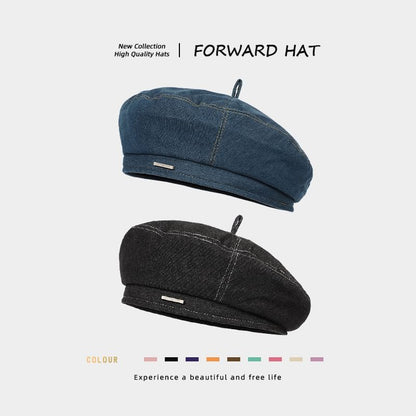 Metal Bar Denim Beret Hat