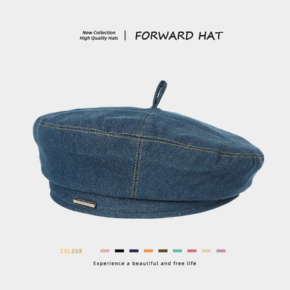 Metal Bar Denim Beret Hat