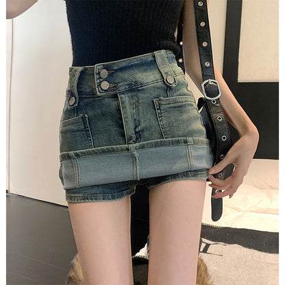 High Waist Denim Mini Skort