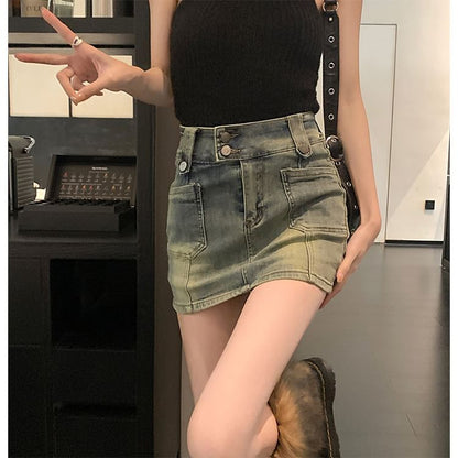 High Waist Denim Mini Skort
