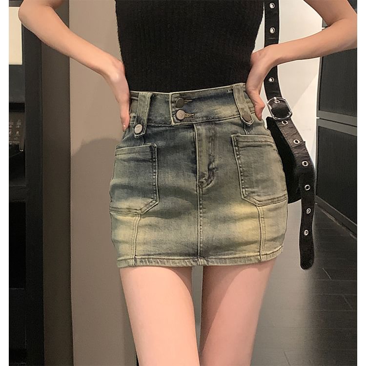 High Waist Denim Mini Skort