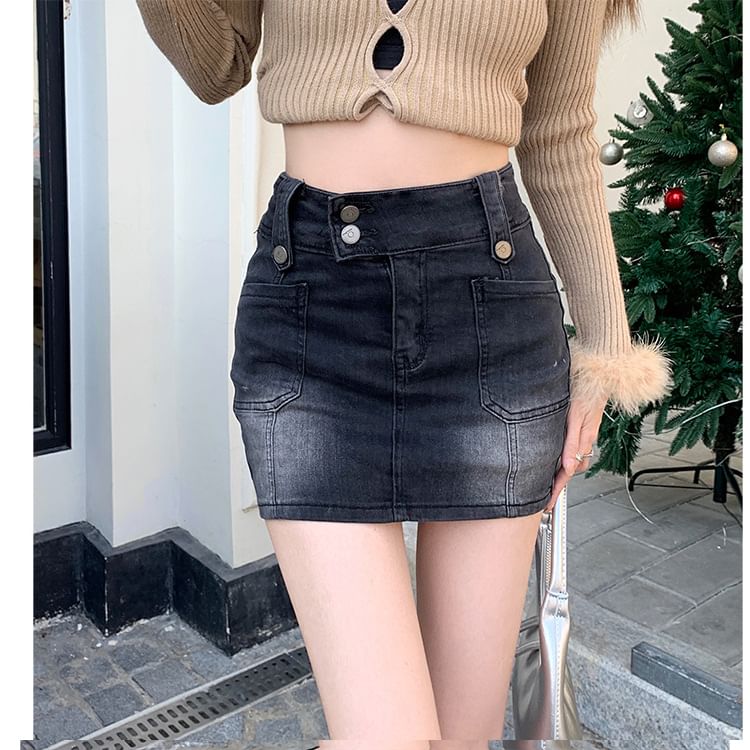 High Waist Denim Mini Skort
