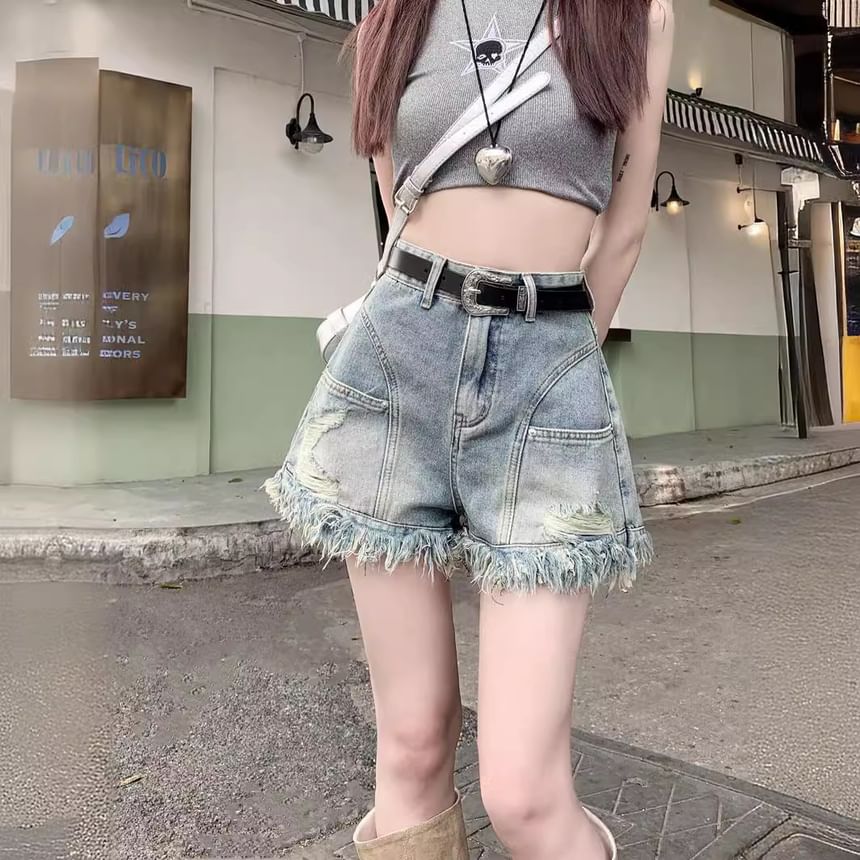 High Waist Frayed Denim Shorts