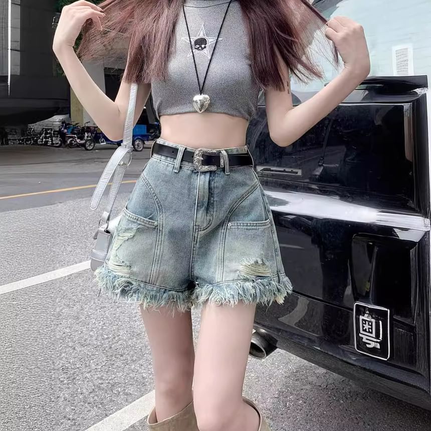 High Waist Frayed Denim Shorts