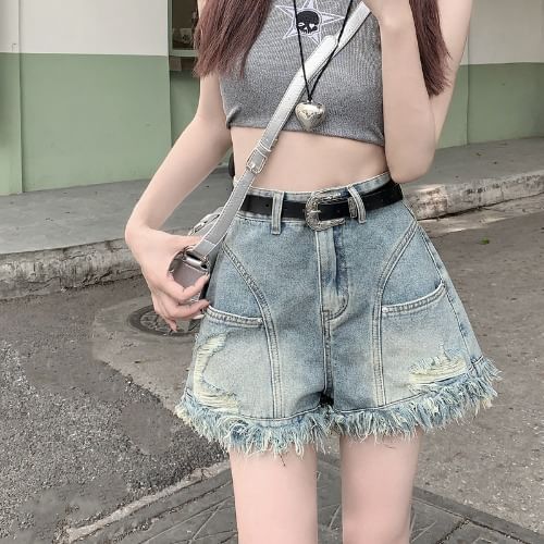 High Waist Frayed Denim Shorts