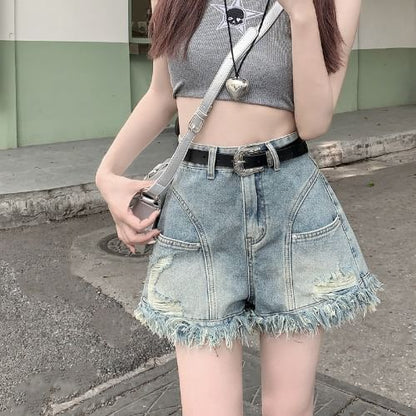 High Waist Frayed Denim Shorts