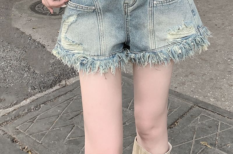 High Waist Frayed Denim Shorts