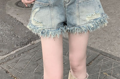High Waist Frayed Denim Shorts